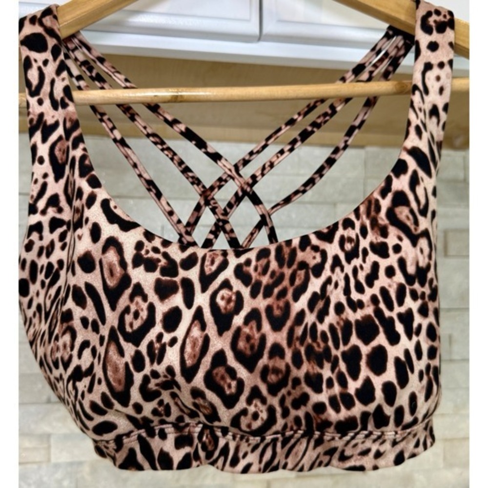 Victoria Secret Sports Bra M Black Tan Leopard Strappy Removable Padding
